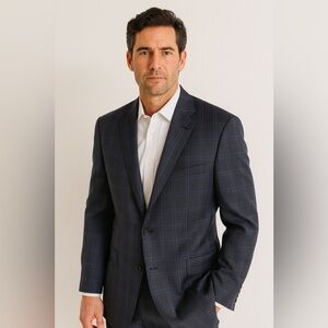 Ermenegildo Zegna Men's Navy Plaid Wool Suit Jacket Blazer 56L